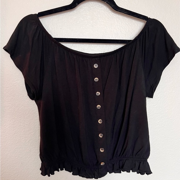H&M slouchy black crop top with buttons, off shoulder, ruching across the bottom - Picture 1 of 2